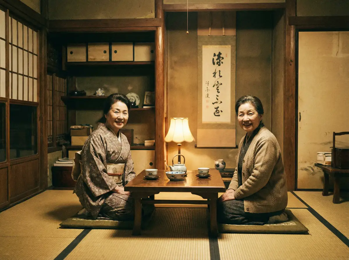 两位优雅的 骚狐 在日式茶室中品茶交谈